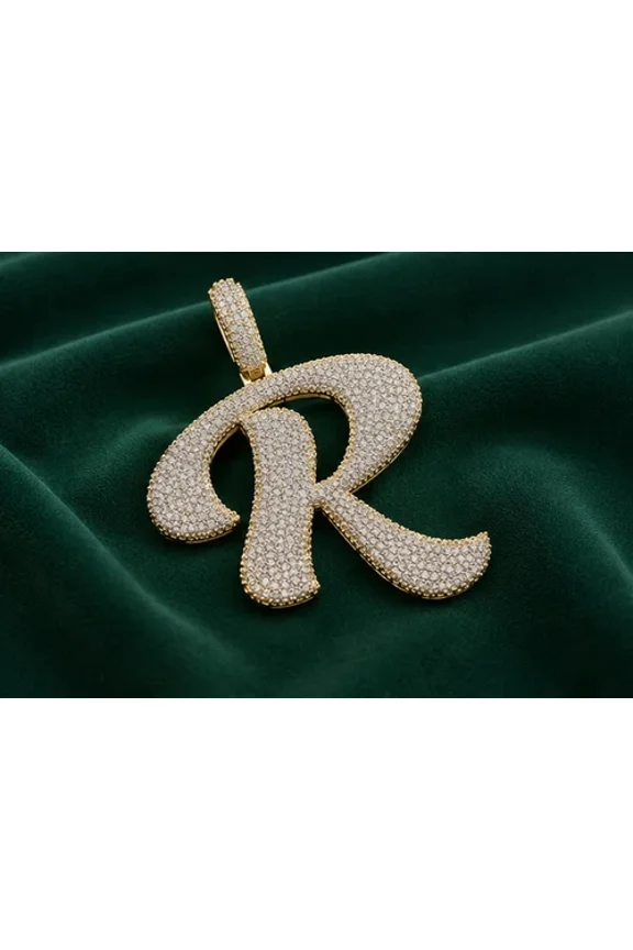 5 Ct Moissanite Initial "R" Pendant14K Yellow Gold Plated Iced Out Letter Charm