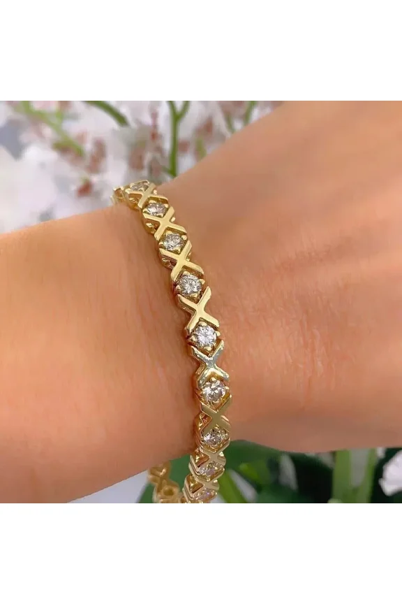 5 Ct Round Cut Simulated Diamond XO Tennis Bracelet 7.5" 14k Yellow Gold Plated
