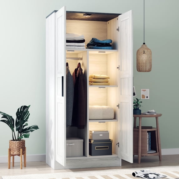 5-Cubby 2-Door Wooden Wardrobe Armoire with LED Lights 5.75 ft Tall-White