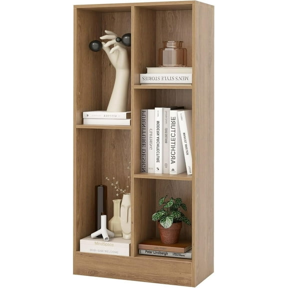 5-Cube Bookcase, Freestanding Bookshelf w/ 2 Anti-toppling Kits, Modern Storage Unit, Wood Cubby Display Shelving, Multi-Tier Open Storage Organizer for Study,Bedroom,Living Room, Natural