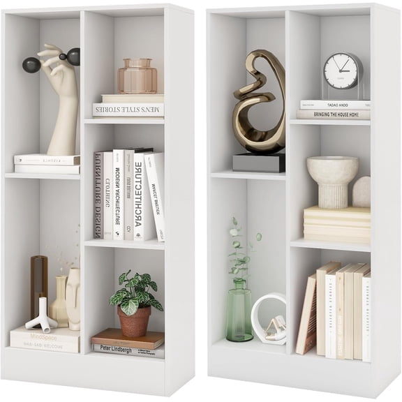 5-Cube Bookcase Set of 2, Freestanding Bookshelf w/2 Anti-toppling Kits, Modern Storage Unit, Wood Cubby Display Shelving, Multi-Tier Open Storage Organizer for Study, Living Room, White