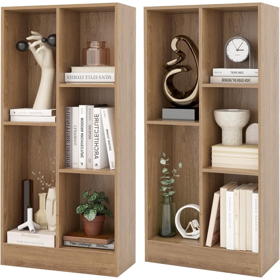 5-Cube Bookcase Set of 2, Freestanding Bookshelf w/2 Anti-toppling Kits, Modern Storage Unit, Wood Cubby Display Shelving, Multi-Tier Open Storage Organizer for Study, Living Room, Natural