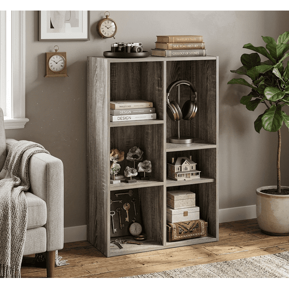 5-Cube Bookshelf, Reversible Wood Storage Organizer Display Shelf, Multi-Position Geometric Bookcase for Living Room, Home Office, Grey