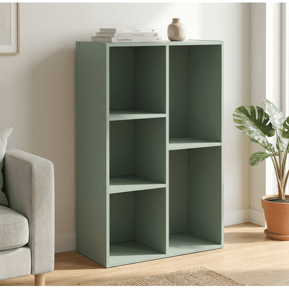 5-Cube Green Bookcase with Reversible Design, Horizontal or Vertical Multi-Directional Storage Cabinet, Modular Geometric Wooden Display Shelf Organizer for Living Room and Home Office