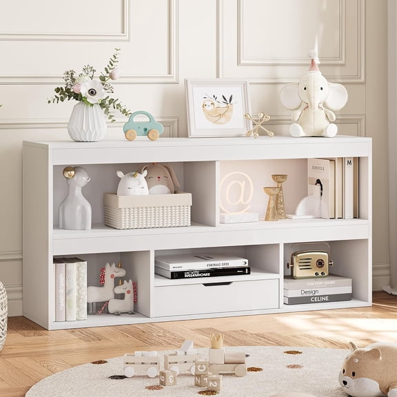 5-Cube Kids Toy Storage Organizer – White Wooden Bookshelf with Drawer, 2-Tier Children Bookcase and Toy Storage Cabinet for Playroom, Nursery, or Kids Room