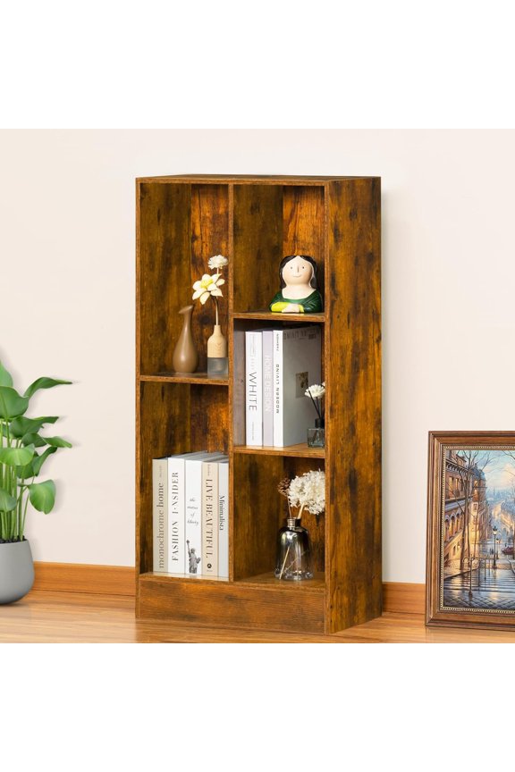 5 Cube Mid-Century Modern Brown Wood Bookcase, 3 Tier Storage Organizer Shelf, Rustic Display Cabinet for Bedroom, Living Room, Office