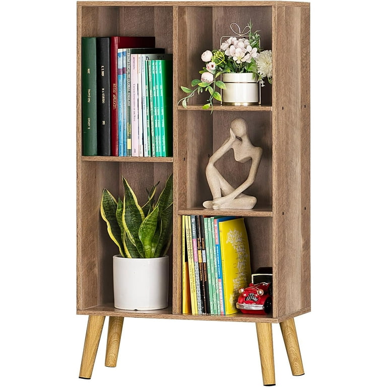 5 Cube Small Bookshelf 3 Tier Mid Century Bookcase with Legs Wood Bookshelves Storage Organizer Shelf Narrow Book Shelves Brown Bookcases Walmart