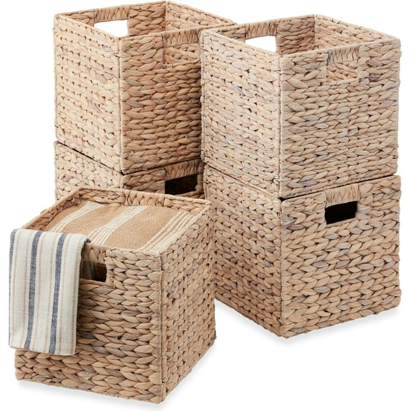 5 Cube Storage Baskets, Water Hyacinth Multipurpose Collapsible Organizers, Handwoven Laundry Totes for Laundry, Living Room