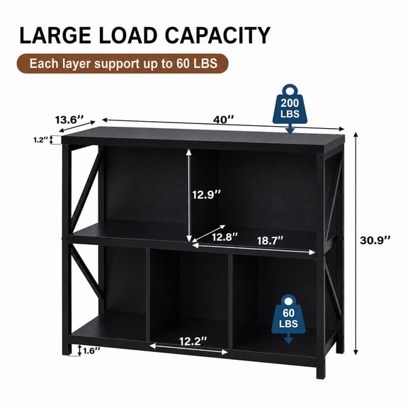 5 Cube Storage Organizer Bookshelf, Horizontal 40" W Industrial Bookcase, Low Profile Short Shelving Unit for Home Office, 13.6" D x 40" W x 30.9" H, Black