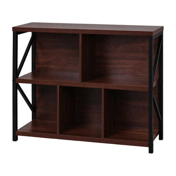 5 Cube Storage Organizer Bookshelf, Horizontal 40" W Industrial Bookcase, Low Profile Short Shelving Unit for Home Office, 13.6" D x 40" W x 30.9" H, Brown