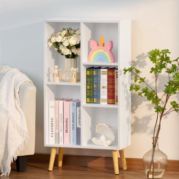5 Cube White Bookshelf Organizer, 3 Tier WoodenBookcase with Angled Legs, Study Room Storage Display Shelf, White
