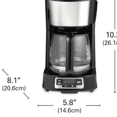 5 Cup Drip Coffee Maker with Easy FrontFill Basket, Compact Design, Programmable Clock, Glass Carafe, Auto Pause and Pour, Black & Stainless Steel