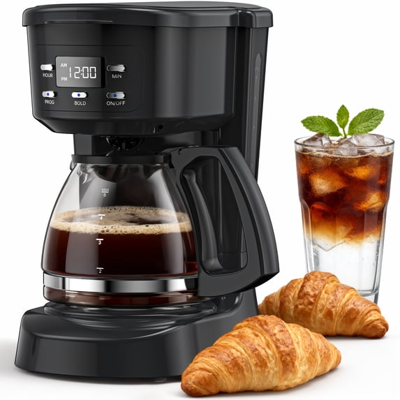 5-Cup Programmable Digital Coffee Maker, Black Finish, with Washable Basket Filter, Sneak-A-Cup Function, Auto Brew, Water Window & Warming Plate for Home Use