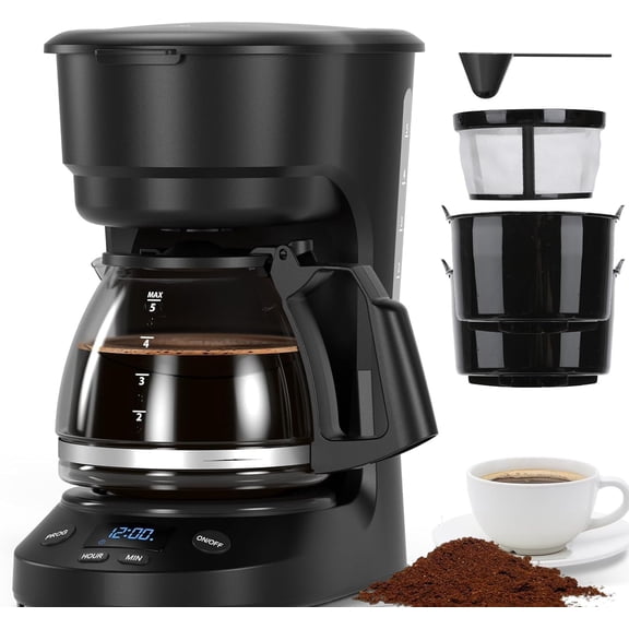 5 Cup Programmable Drip Coffee Maker, 24H Delay Brew, 2H Keep Warm & Auto Shut Off, Pause & Serve, Reusable Filter, Glass Coffee Pot, Small Coffee Machine for Home Office