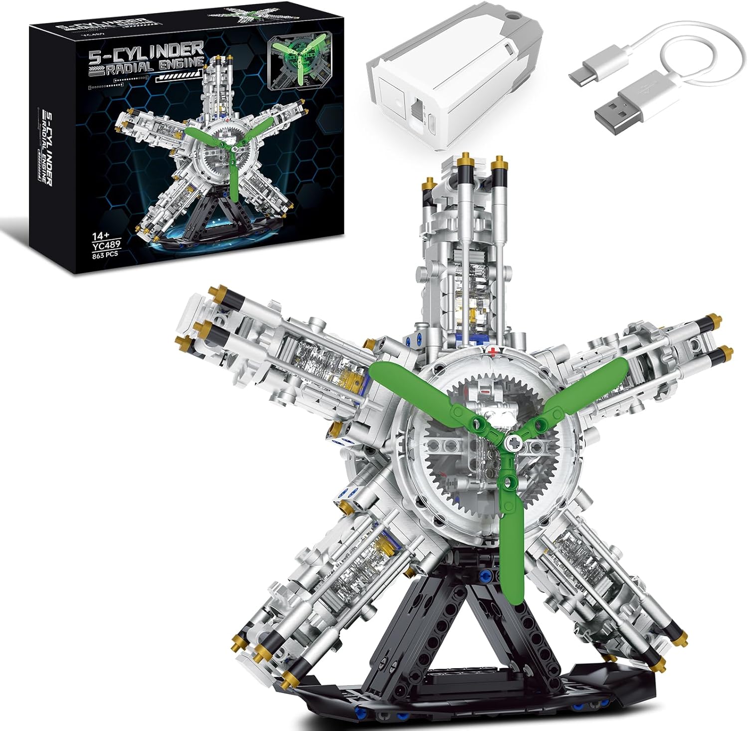 5-Cylinder Radial Engine Building Set, Build Your Own Mini Military Plane Engine Model Kit That Runs, Compatible with Lego WW2, STEM Toy Gifts for Adults & Kids Boys 8-14 (863 PCS)
