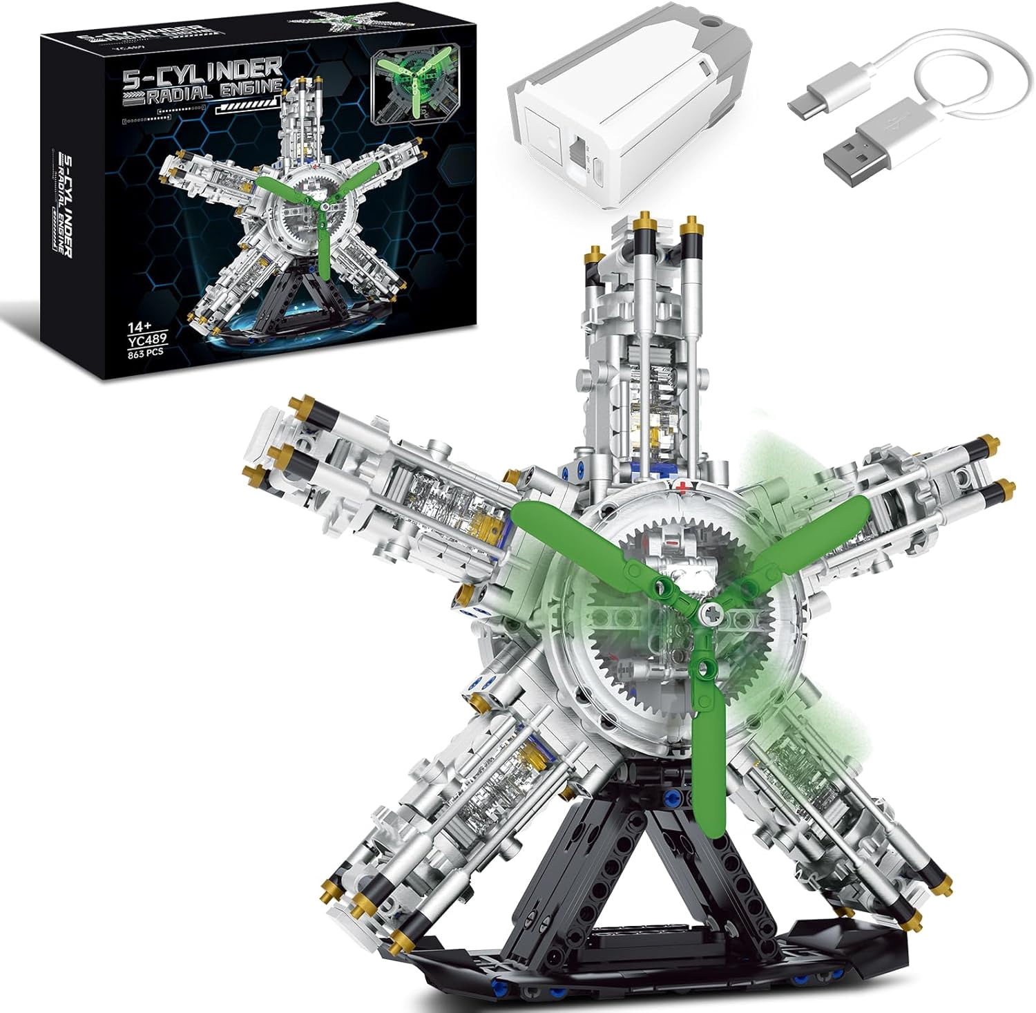 5-Cylinder Radial Engine Building Set, Build Your Own Mini Military Plane Engine Model Kit That Runs, Compatible with Lego WW2, STEM Toy