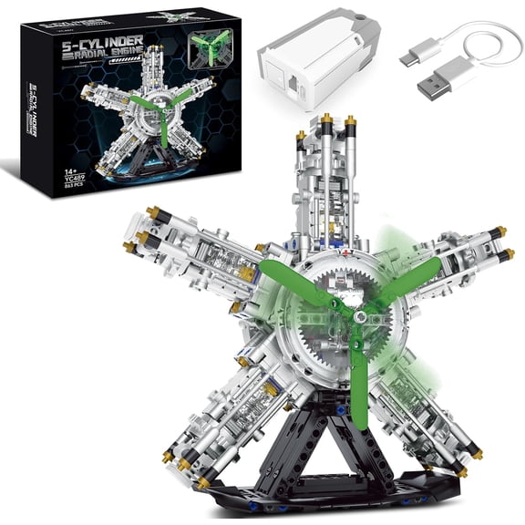 5-Cylinder Radial Engine Building Set, Build Your Own Mini Military Plane Engine Model Kit that Runs (863 PCS)