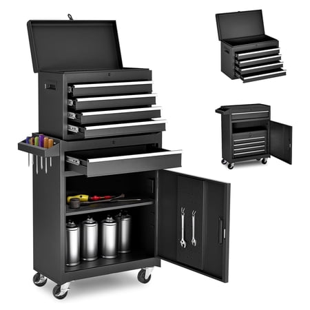 Excelo 5-Drawer Rolling Tool Chest with Detachable Top Toolbox, Steel Tool Cabinet on Wheels, Black