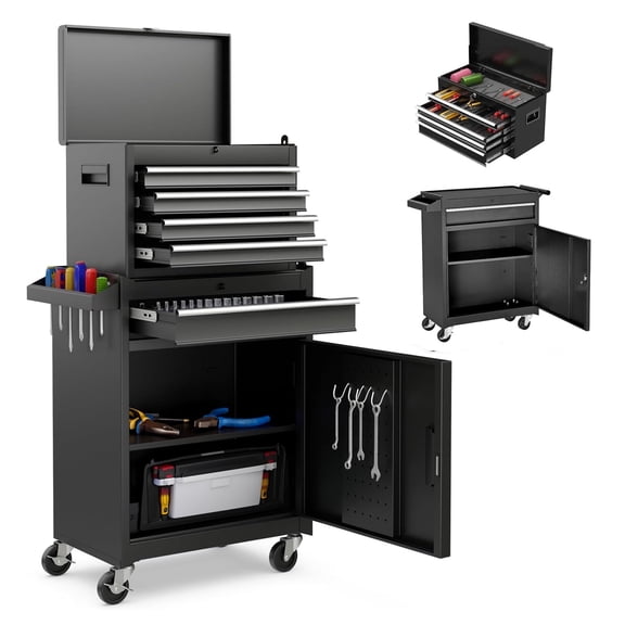 Excelo 5-Drawer Rolling Tool Chest with Detachable Top Tool Box and Free Tools, Metal Storage Cabinet on Wheels for Garage Workshop, Black