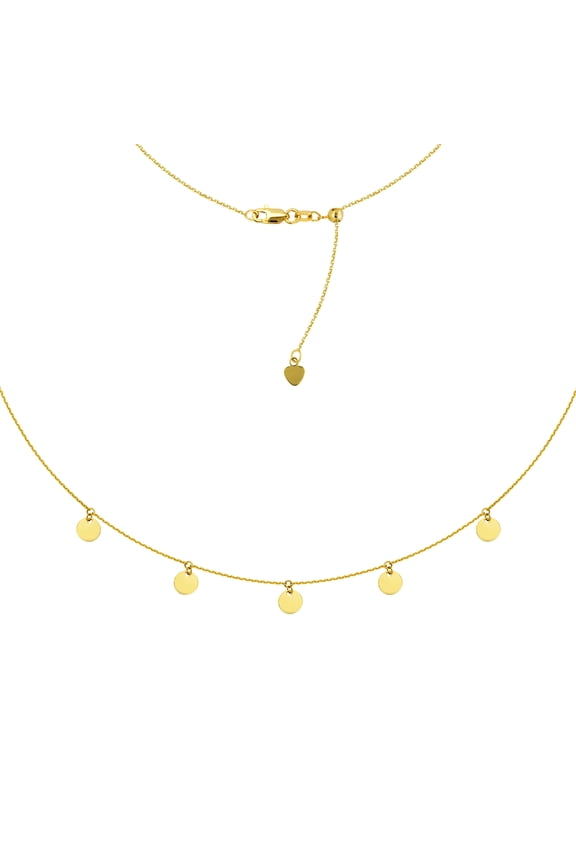 5 Dangle Mini Disc Choker 14k Gold Necklace, 16" Adjustable