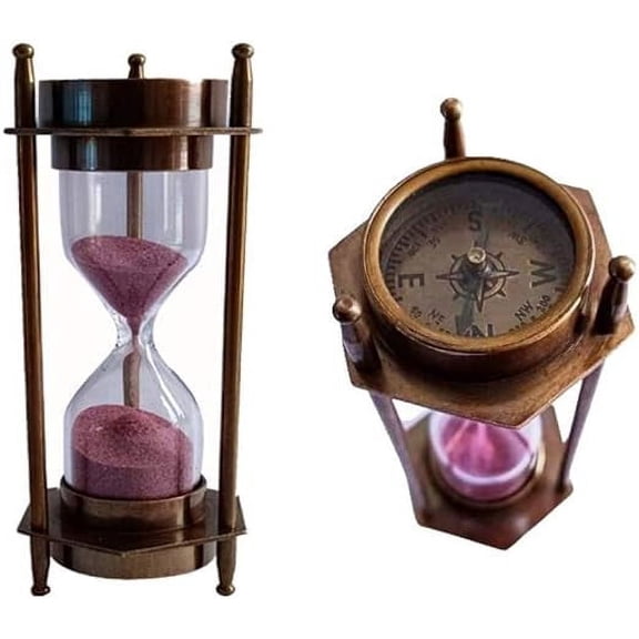 5" Decorative Brass Sand Timer Hourglass with Antique Maritime Brass Compass Rustic Vintage Home Decor Gifts