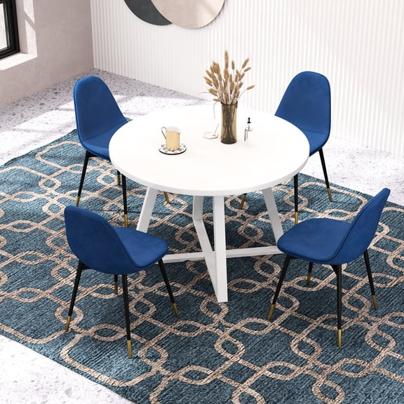5 Dining - Blue, Modern Velvet Table With 4 Chairs Fashionable Seating