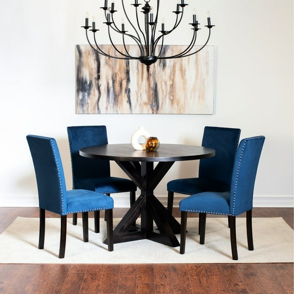 5 Dining Collection: Cross-buck Table And 4 Chic Chairs, Engineered Wood Top, Velvet Upholstered Seats, Black Finish Compilation: & Fashionable Solid Rubberwood Base, Seating, Dark Color, Nailhead