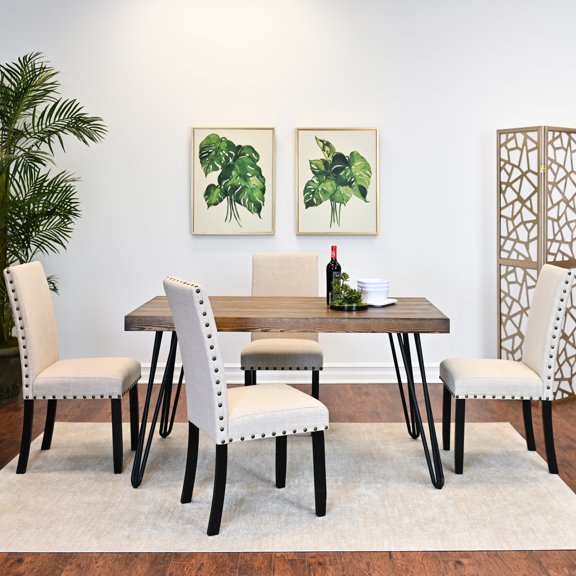 5 Dining Collection: Rectangular Tabletop & 4 Chairs, Dark Pine Dining: Upholstered Chairs With Hairpin Table, Appearance