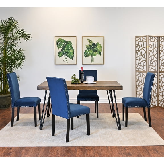 5 Dining Compilation, Hairpin Design Table And 4 Chairs, Rectangular Tabletop, Dark Legs, Rustic Elegance 5, With Velvet Upholstered Seats, Pine Finish
