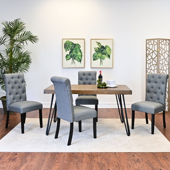 5 Dining Configuration: Rectangular Table With 4 Comfortable Chairs, Pine Finish Modern Suite: Hairpin Legged Table, Button-detailed Chair Options