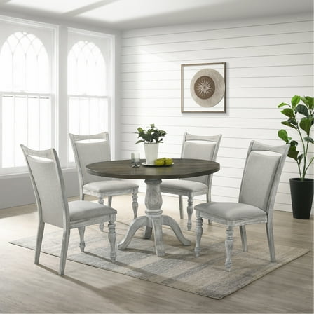 5 Dining Ensemble - Round Table In Weathered White And Gray With 4 Chairs Furniture, Pedestal Chairs, Hue