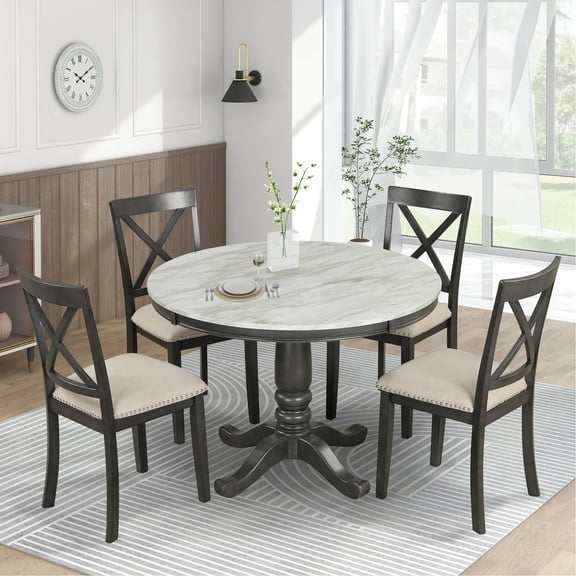 5 Dining For 4, Modern Solid Wood Table In Gray, & Faux Marble, Straightforward Assembly 4 Wood, Robust Simple Instructions