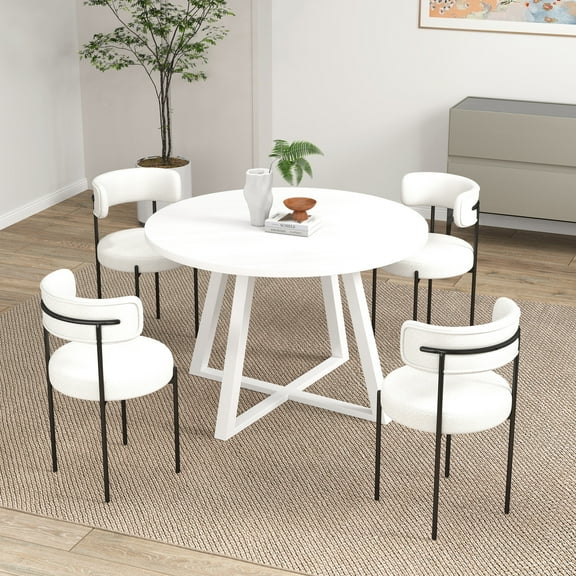 5 Dining - Round Table With 4 Boucle Chairs Dine Curved Back