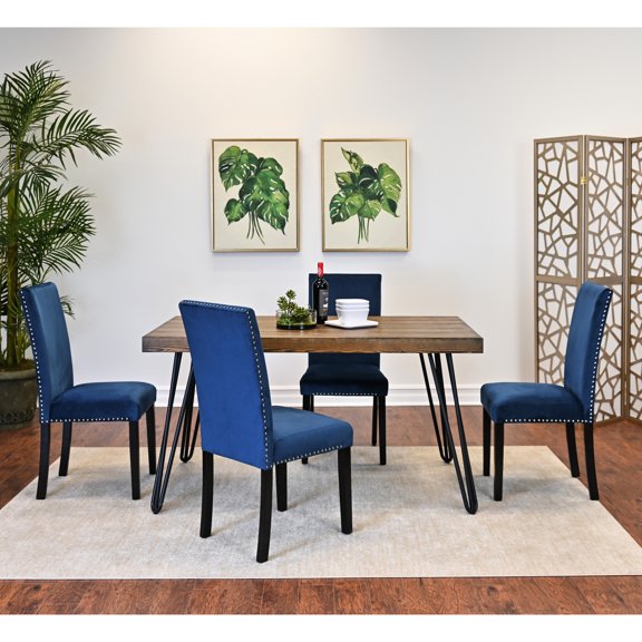 5 Dining Setup, Hairpin Table With 4 Chairs, Engineered Wood Tabletop, Dark Chair Color, Rustic Flair Arrangement, Metal And Legs, Charm