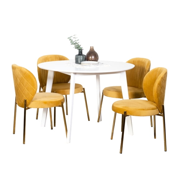 5 Dining Setup - White Round Table With 4 Stylish Chairs Strong & Rubberwood Sumptuous Chair Upholstery Compact And Elegant Choice Contemporary Suite Materials Velvet Seat Covers Gold Accents High