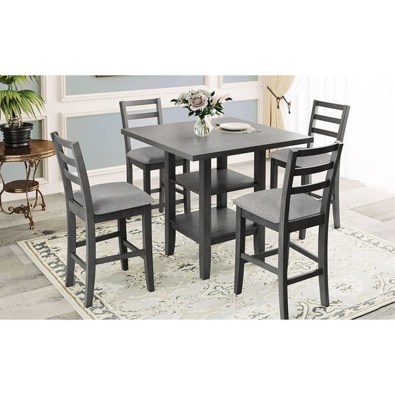 5 Dining With Gray Seating And Under Table Hidden Shelves Counter Height In Wood - Padded Chairs & Storage Space Modern Aesthetic For Room Solid Made