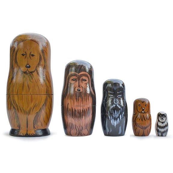 5 Dogs Wooden Nesting Figurines 6.5 Inches