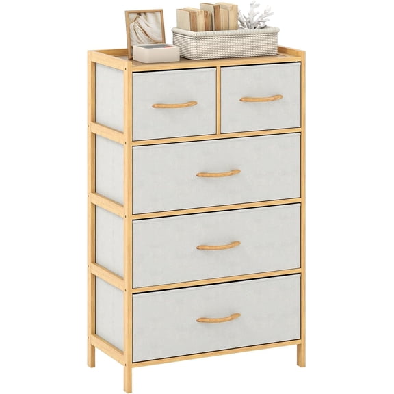 5-Drawer Bamboo Storage Tower with Foldable Fabric Drawers, Tall Vertical Organizer, Natural Finish