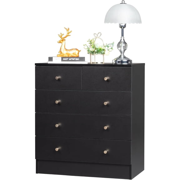5 Drawer Black Dresser for Bedroom, Small Wooden Dresser Chest of Drawers, Modern Bedroom Dressers with Storage, Furniture, Metal Handle, Anti-Tipping Device, Living Room, Entryway.