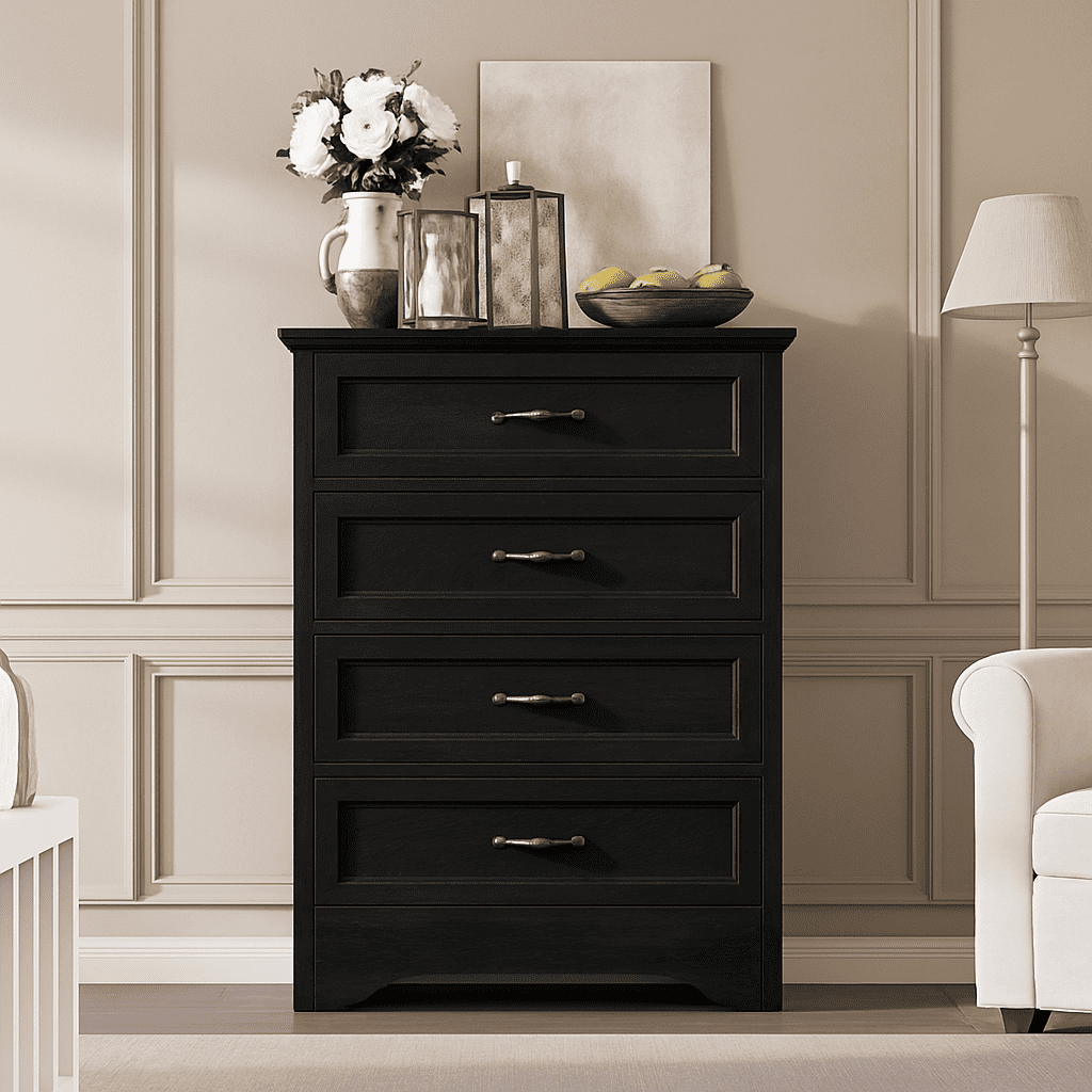 5 Drawer Black Dresser for Bedroom Tall Farmhouse Modern Wooden Chest with Wide Metal Handles, Natural Texture Storage Cabinet for Bedroom, Living