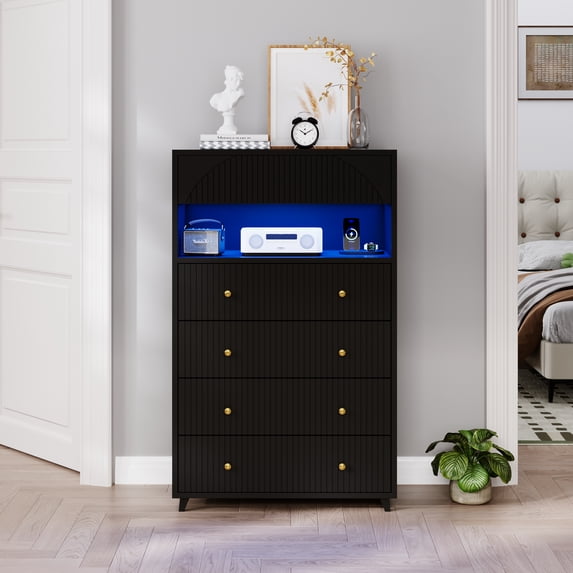 5 Drawer Black Dresser with LED Lights & Power Outlets, Modern Storage Cabinet for Bedroom