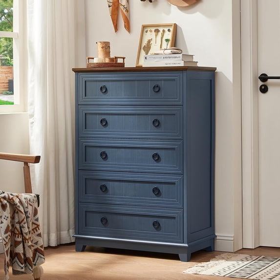 Joaxswe 5 Drawer Dresser Tall, Farmhouse Blue Chest of Drawers with Anti-Tip, Adult Large Storage for Bedroom, Hallway, Entryway
