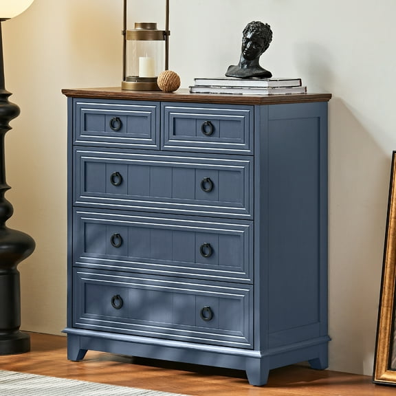 5 Drawer Blue Bedroom Dresser, Modern Vertical Dresser Drawers Wood Organizer for Living Room Entryway Small Spaces