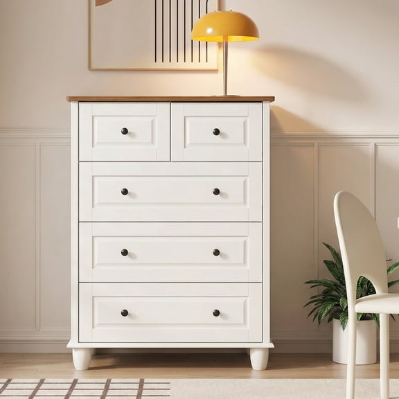 5 Drawer Cabinet, White Modern Farmhouse Storage Organizer with Metal Slides for Bedroom Living Room Hallway