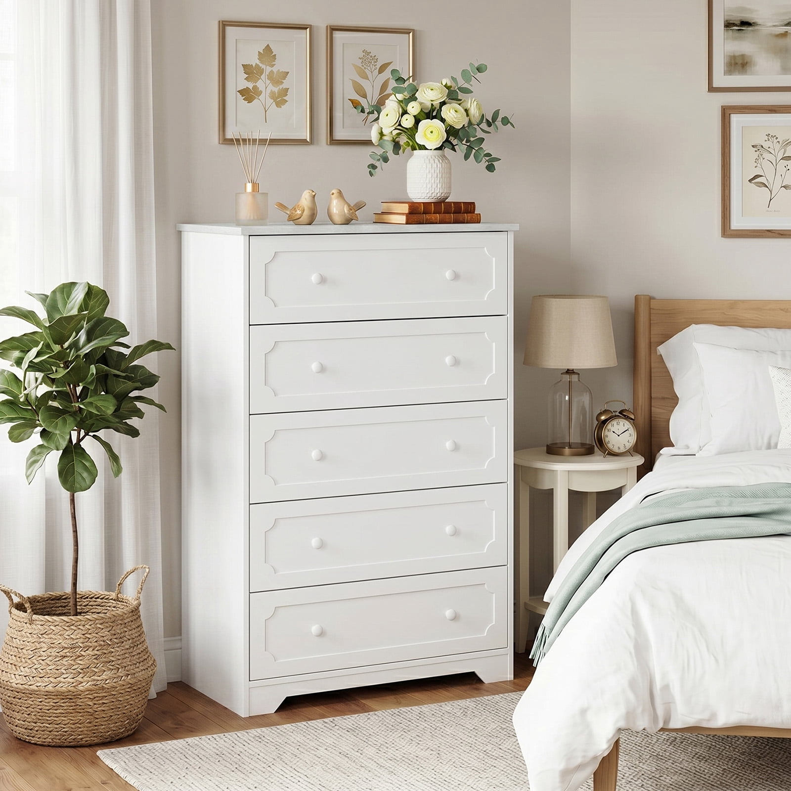 5-Drawer Cabinet with Solid Wood Veneer, White, 31.3 x 15.55 x 47.24 in