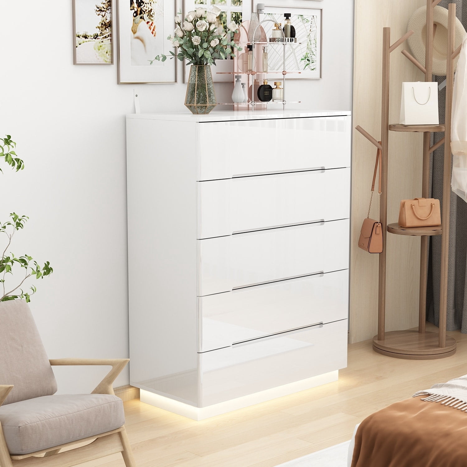 Timechee 5 Drawer Chest Dresser w/High Gloss Drawers Chest With Light ...