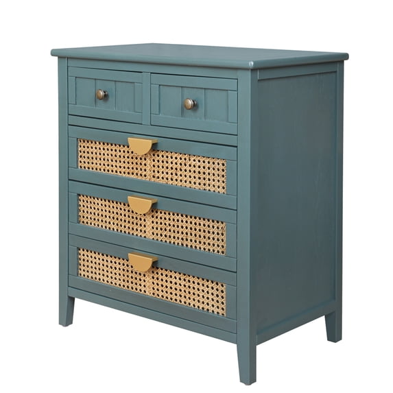 5 Drawer Chest Storage Cabinet, Wood Natural Rattan Drawer Cabinet Chest of Drawers Side Table Nightstand