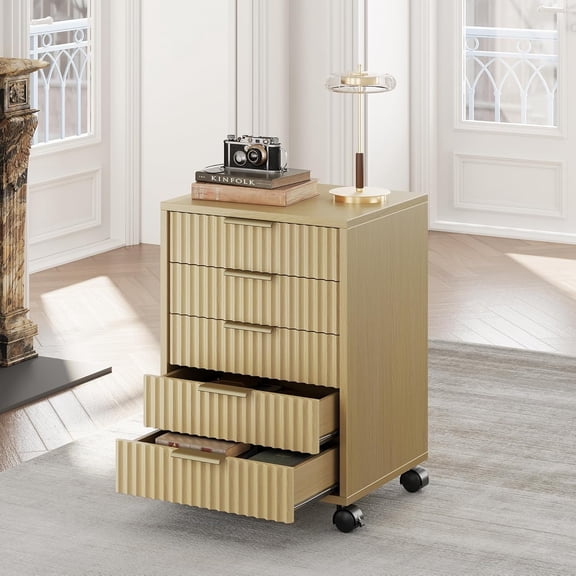 5 Drawer Chest, Under Desk Storage Wood Drawers with Wheels,Fluted File Cabinet for Home Office, Light Walnut