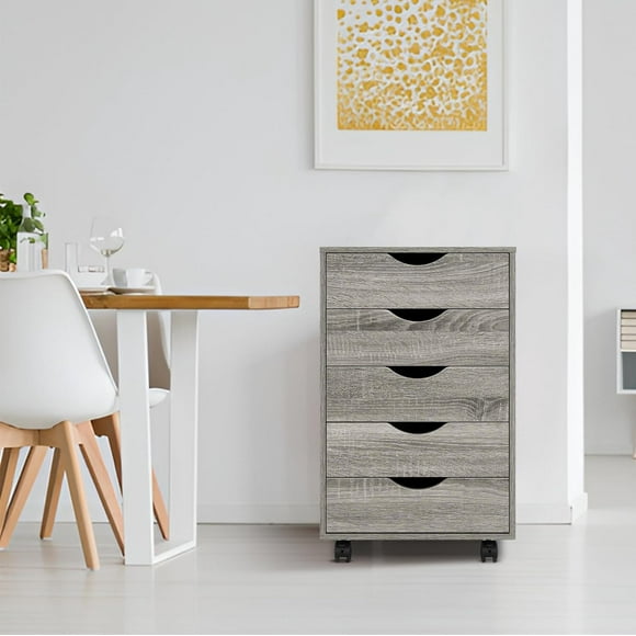 5 Drawer Chest, Wood Storage Dresser Cabinet with Wheels, Craft Storage Organization, Makeup Drawer Unit for Closet, Bedroom, Office File Cabinet 180 lbs Total Capacity - Gray Oak