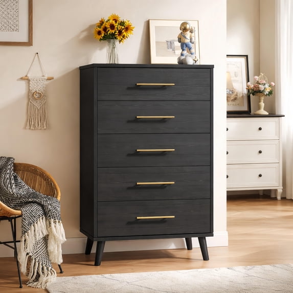 Noelse 5 Drawer Dresser, Tall Dresser with Metal Handles, Wood Storage Organizer for Bedroom, Hallway, Entryway, Black